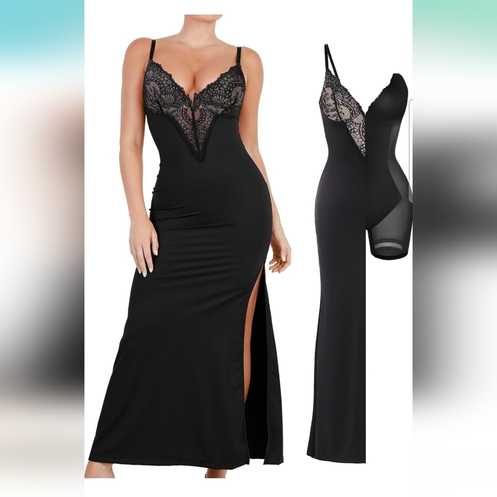 Lace-Trim Slip Gown Chemise — Black